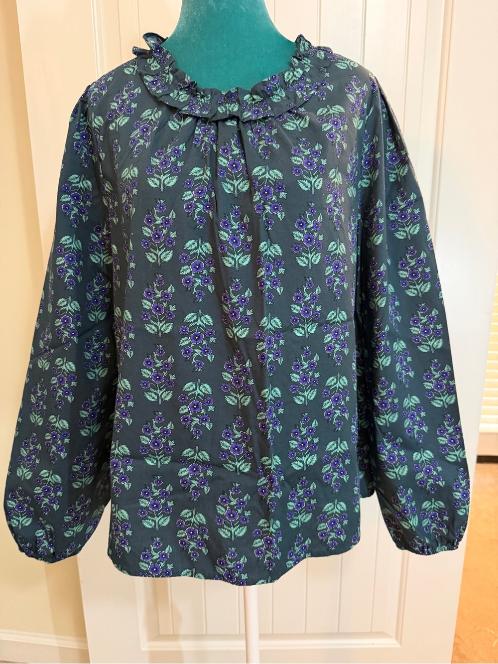 J. Crew Green & Purple Floral Ruffle Collar Long-Sleeve Blouse Sz. XXL